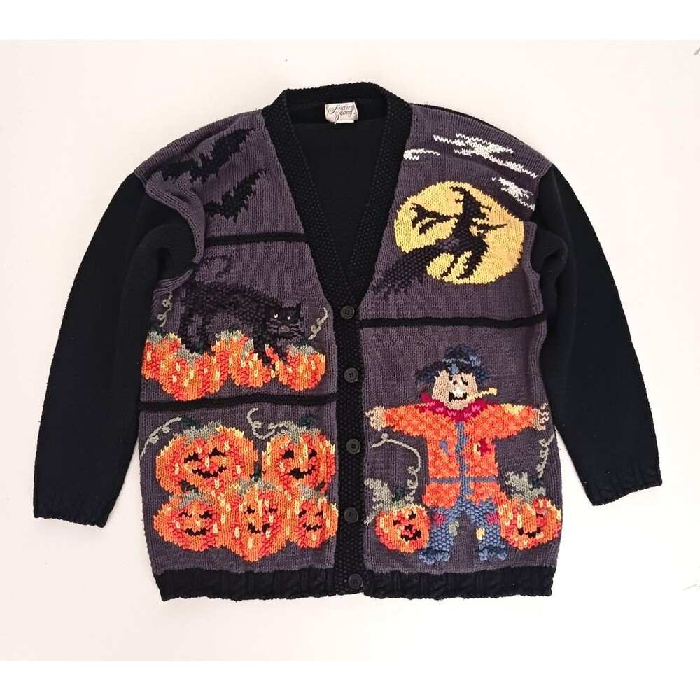 VTG Audrey Jones Halloween Cardigan Pumpkins Witch Scarecrow Cotton Knit 1X